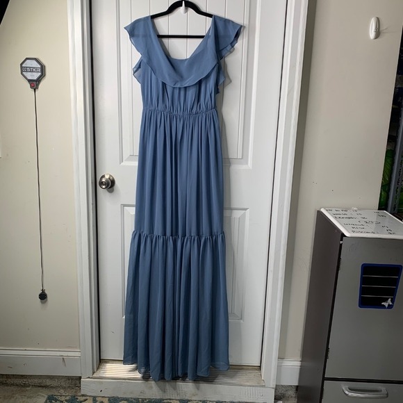 White by Vera Wang blue bridesmaid Maxi Dress Ruffle Sleeves Formal‎ Gown Size 0 - Picture 1 of 9